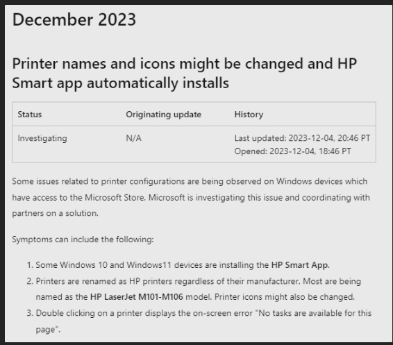 微软确认Win11存在打印机Bug，自动安装HP Smart应用