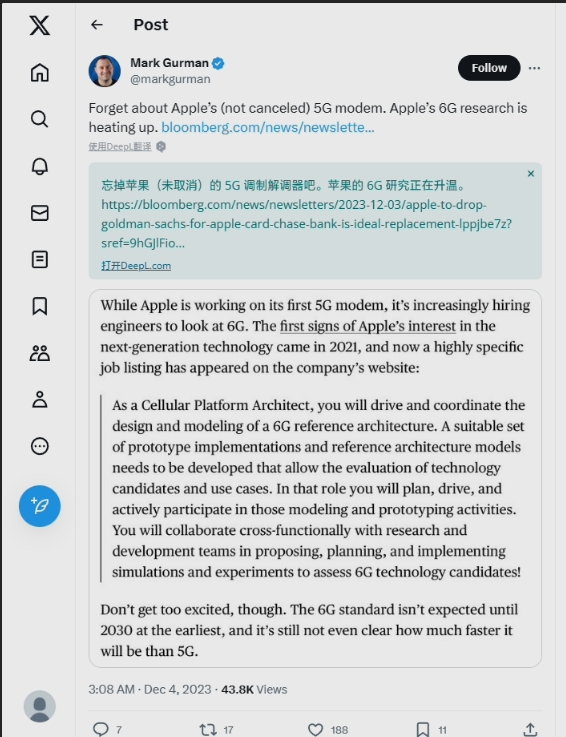 彭博社：苹果正加速研发6G技术，同时结束5G调制解调器研发计